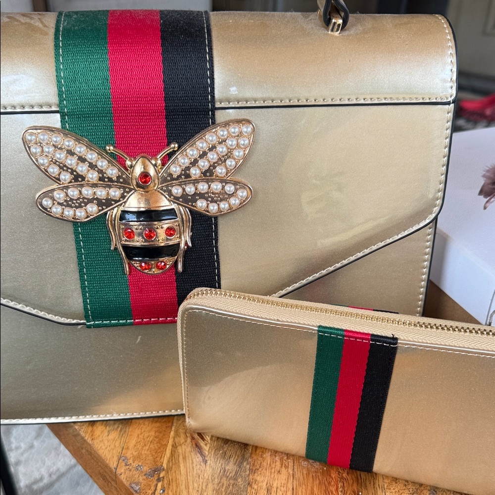 Gold Designer Women Bag and Wallet Set